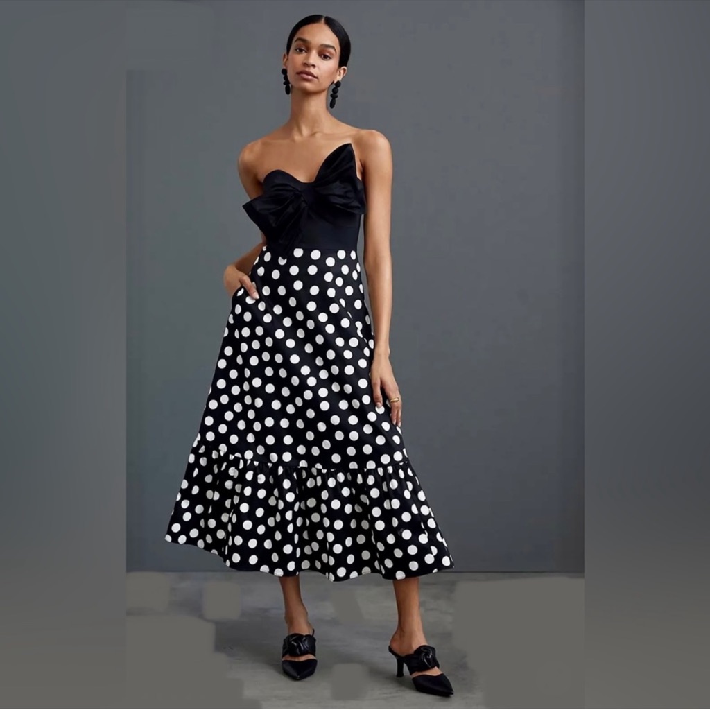 Anthropologie Hutch Polka Dot Bow Tie Maxi Dress Black And White
